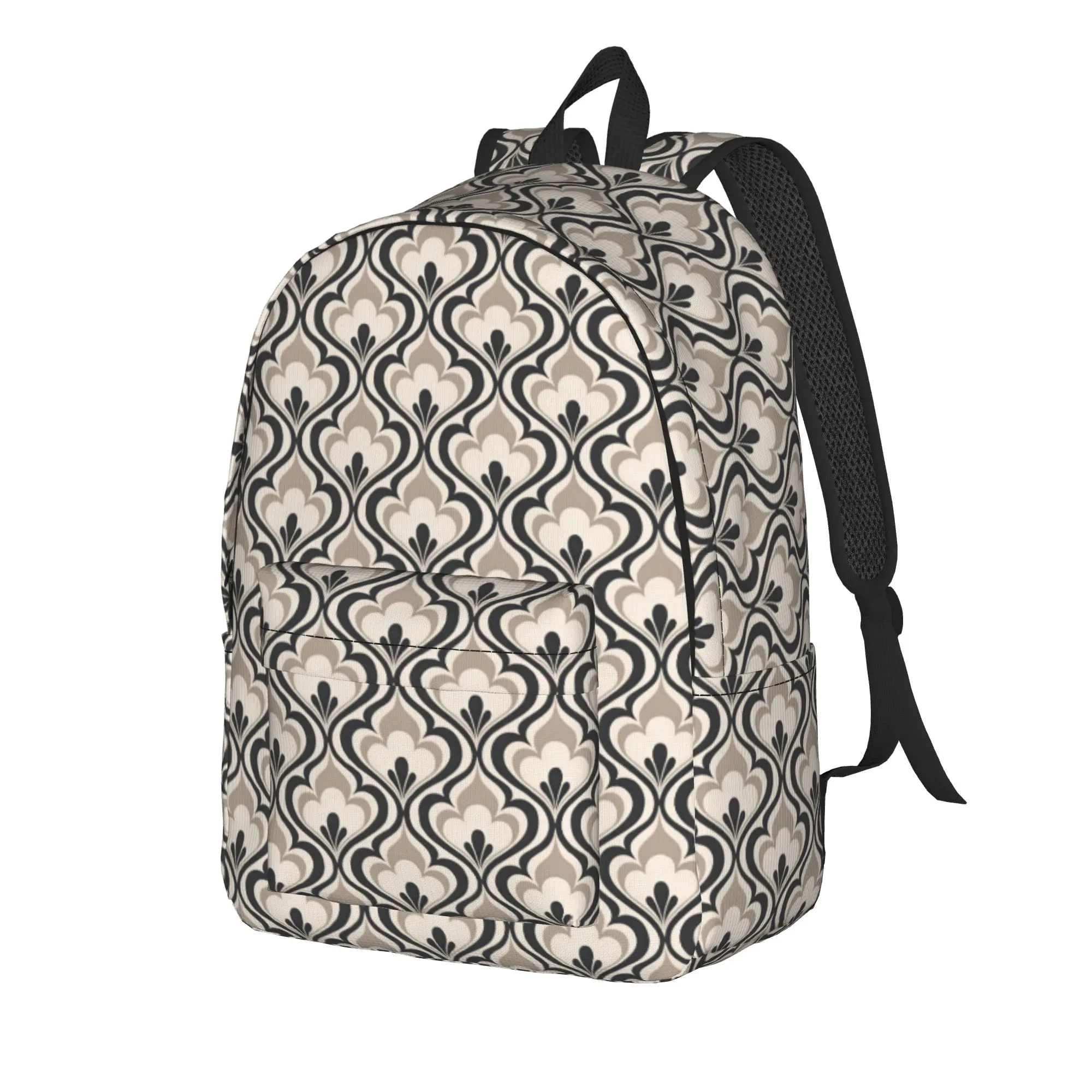 Vintage Black Cream Curved Damask Abstract Wallpaper Pattern Backpack Female  Big Backpacks Polyester Fun High School Bags