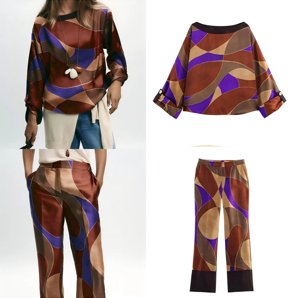 

Women's 2025 new fashion casual satin texture printed top retro O Neck long sleeved women's shirt chic top+Pants suit