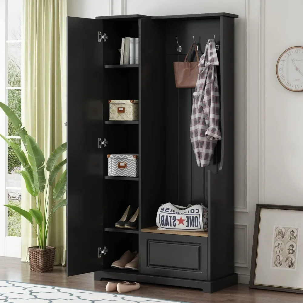 

Hall Tree with Flip-Up Bench, Hallway Shoe Cabinet with Adjustable Shelves,Coat Rack with Hanging Hooks for Entryways