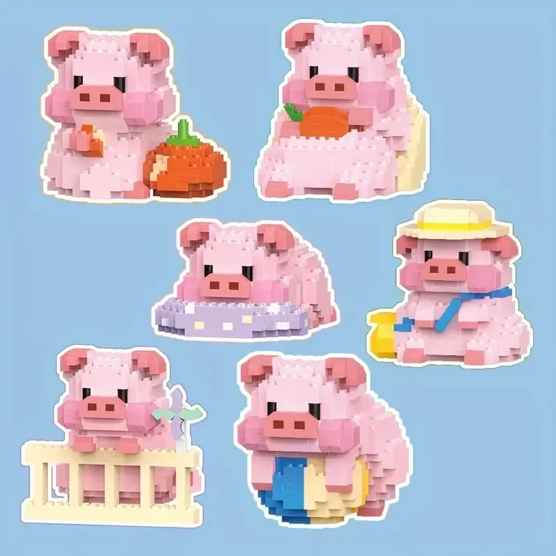 6 Styles Mini Cute Building Blocks Kawail Cute Pig Animals Assembly Block Animal Series 3D Model Micro Brick Toys Gifts for Kids