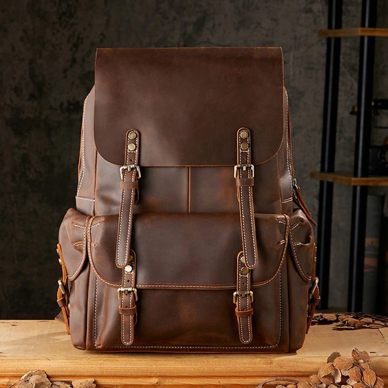 

Vintage Genuine Leather Backpack Men Hiking Bagpack Bag Large Travel Backpack School Bag L5.6"Laptop Case Daypack Male Rucksack