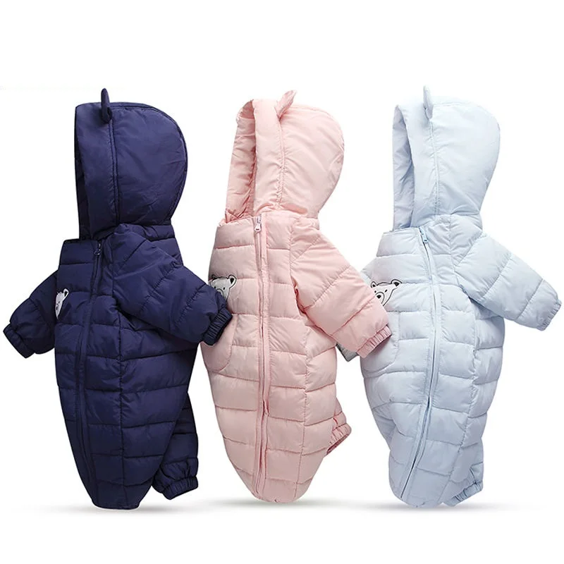 OLEKID 2025 Autumn Winter Baby Girls Romper Hooded Thick Cartoon Ear Cotton Baby Boys Snowsuit Newborn Jumpsuit Toddler Overalls