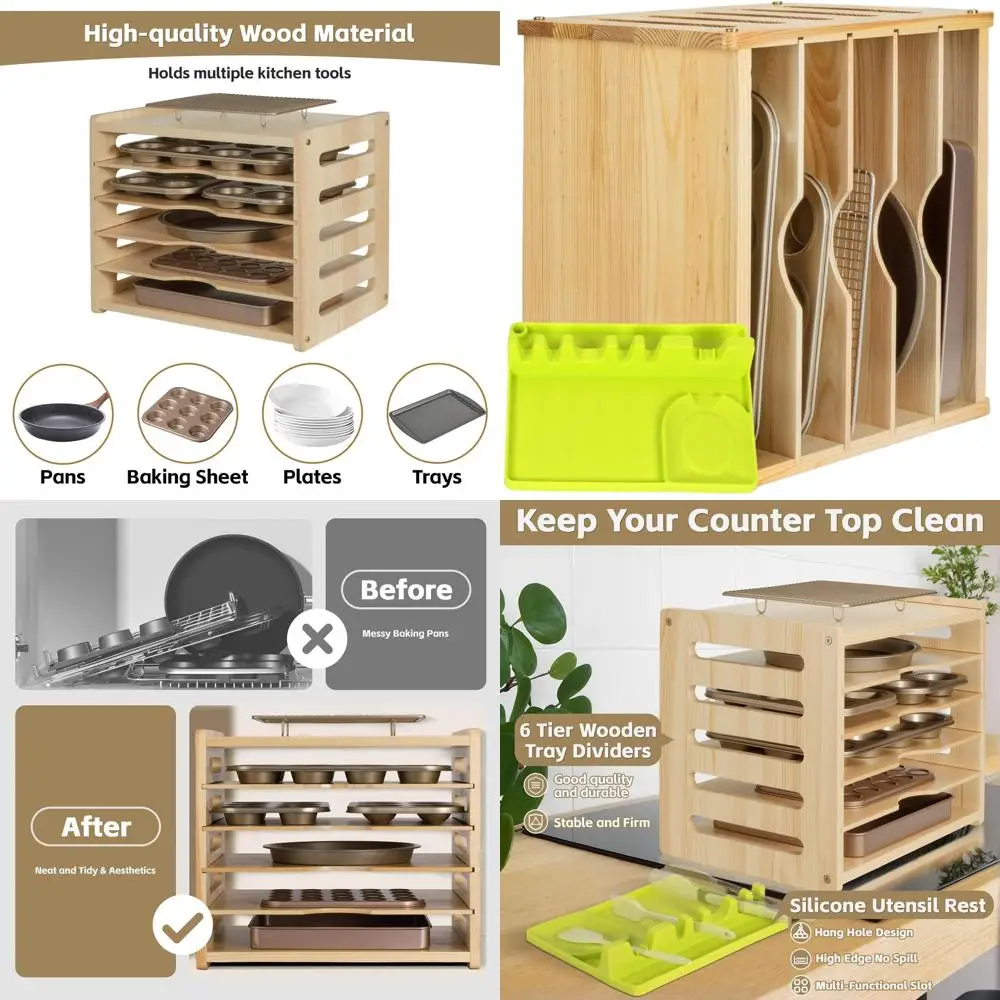 

Wooden 6-Tier Baking Tray Organizer, 16.61W x 12.4D x 14.09H, for Pots, Pans, and Kitchen Storage