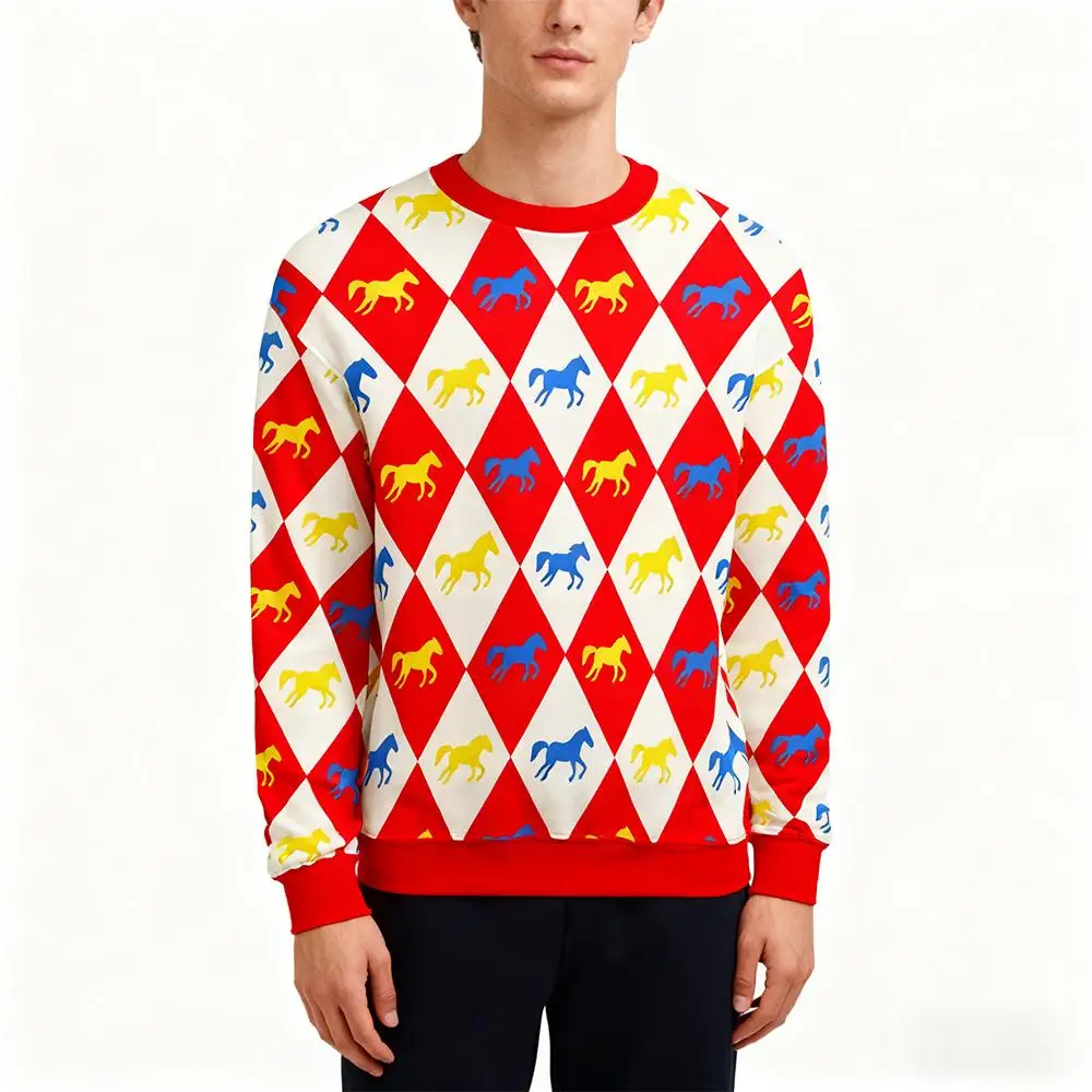 Vintage Funny Harlequin Horse Print Sweatshirt Men Women Harajuku Argyle Pattern Casual Round Neck Long Sleeve Loose Pullover