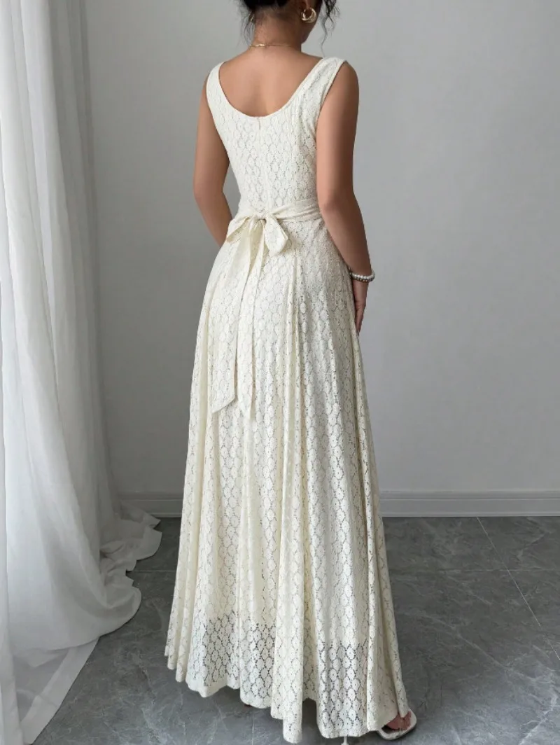 Damen Strick-Maxikleid mit Hohlmuster-Spitze für Partys, Sommer 2026, Elegantes Einfarbiges Ärmelloses Langes Kleid, Lässiges Strand- und Urlaubskleid – Detail 6