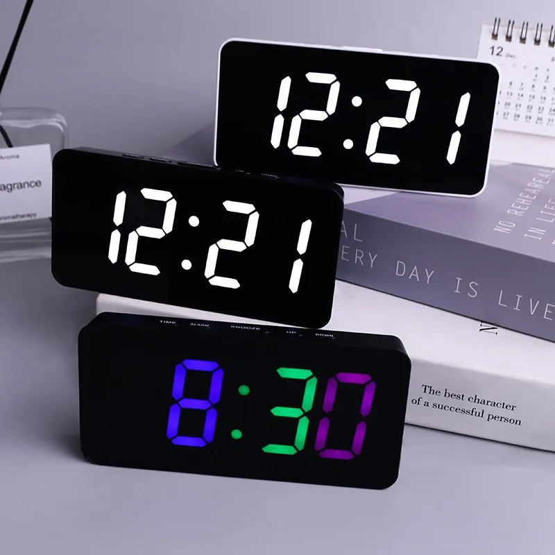 

Colored LED Clock Desktop Clocks Decoration Student Electronic Alarm Clock Mirror Large Screen Digital Watch Multifunctional