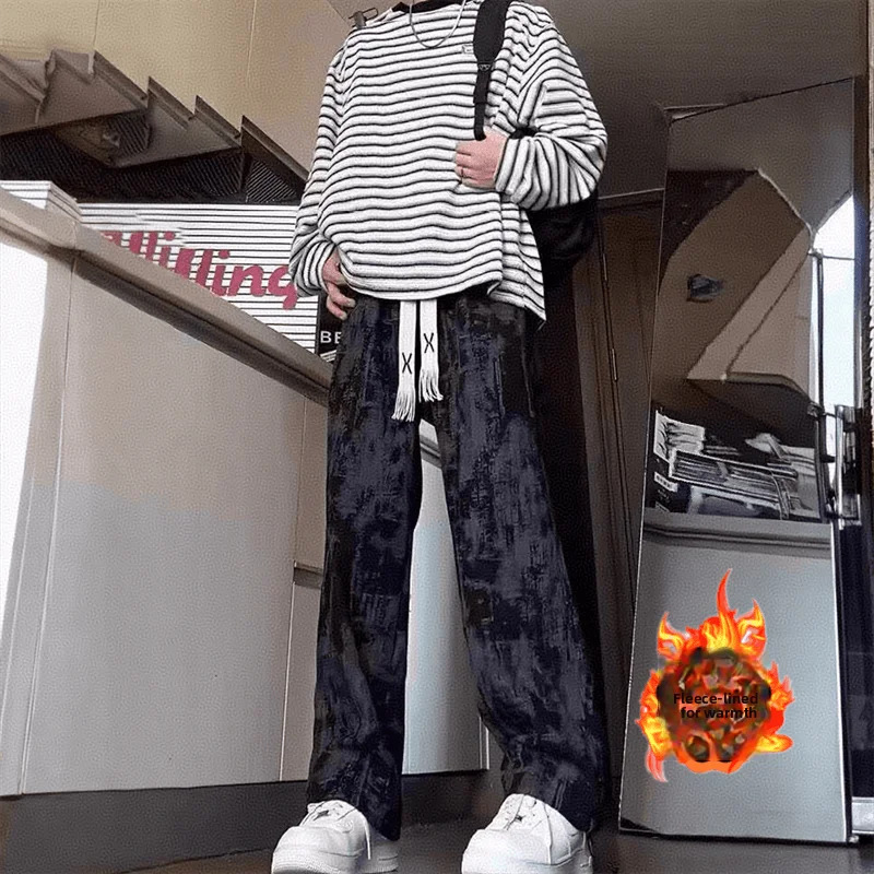

Trendy Loose Straight Leg Sport Pants American High Street Tie Dye Corduroy Men's Winter Drape Casual Long Trousers