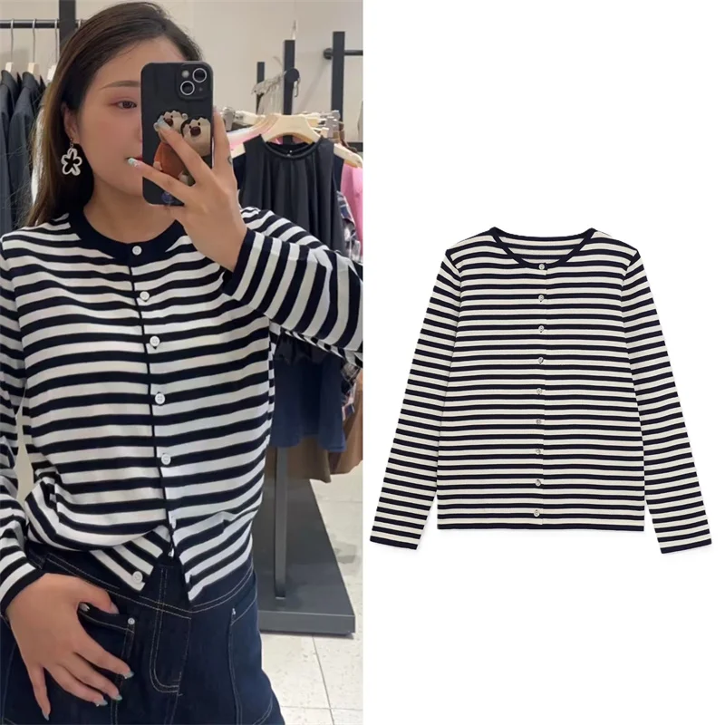 

Women's Jacket 2025 Autumn New Style Navy Blue and White Stripe Long Sleeve Round Neck Basic Knit Cardigan Jacket Casual Fashion