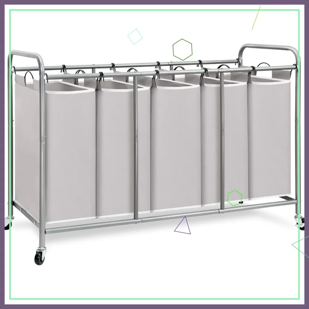 

5-Section Rolling Laundry Sorter with Lockable Wheels, Gray Clothes Organizer Cart