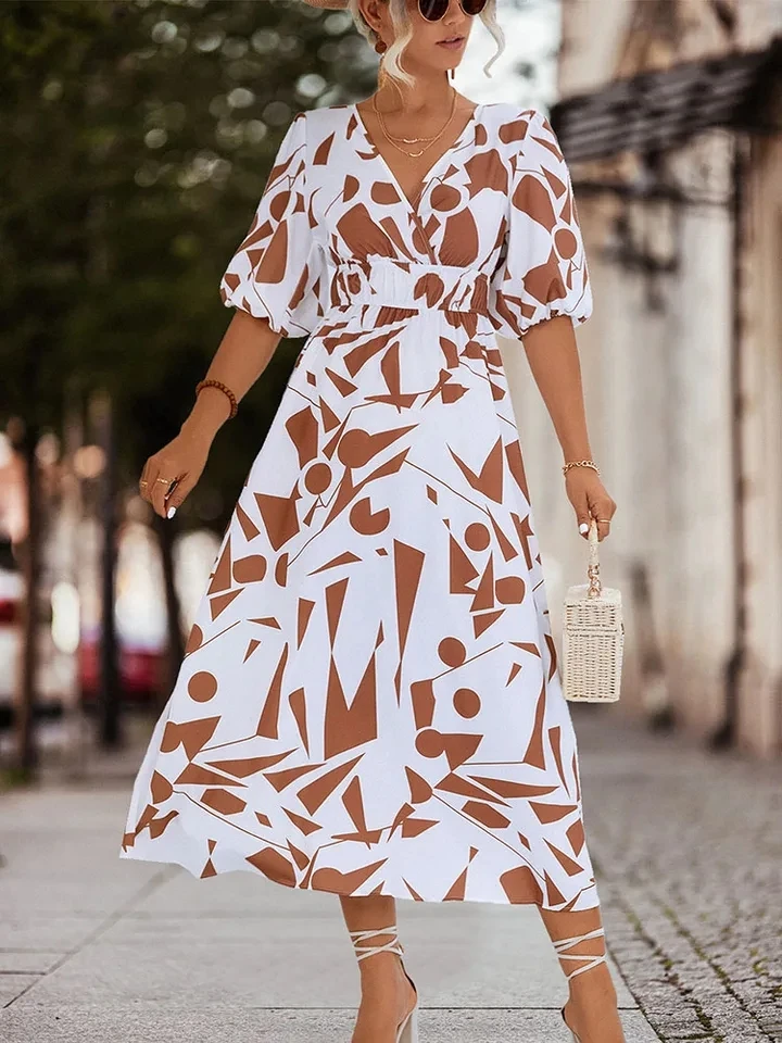 

Summer Women's New Printed Bohemian A Line Dress Casual Bubble Short Sleeve Vintage Elegant Beach Holiday Office Dresses Female