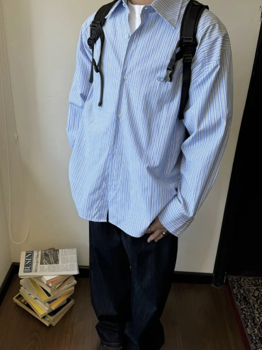 

Мужская повседневная свободная верхняя одежда в полоску в американском стиле ретро Long Sve irt Fre Feeling Blue, модная