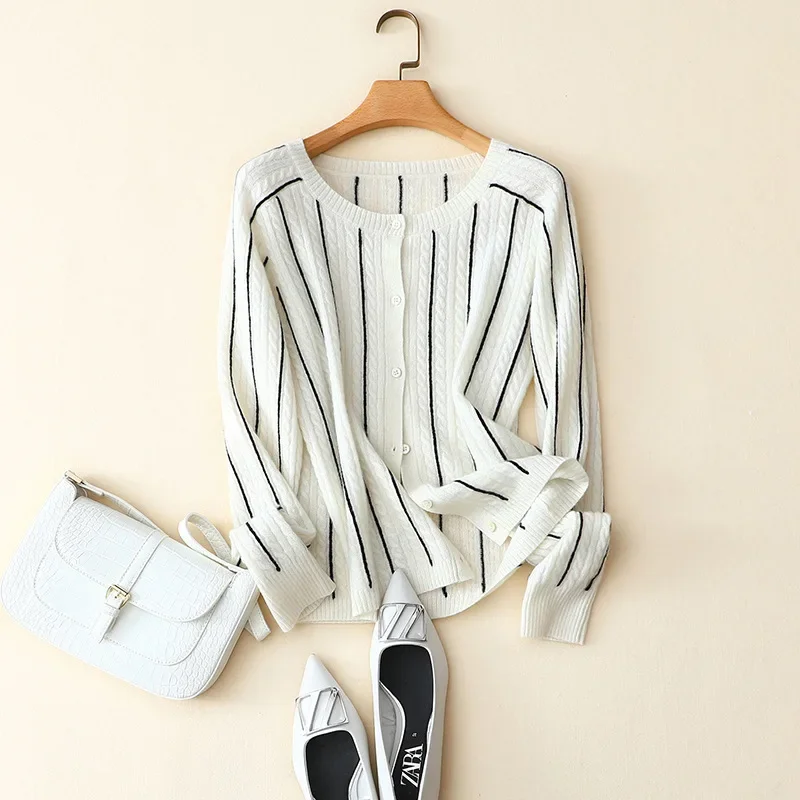 

spring autumn new crew neck striped cardigan long sleeve cable knitted women's 100% cashmere short cardigan