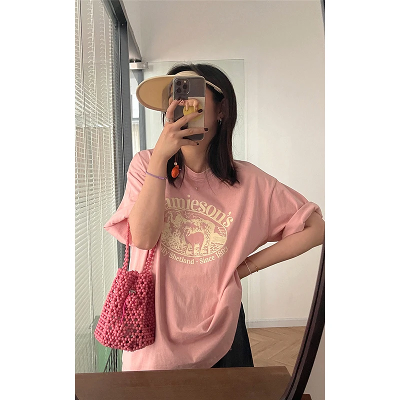 Pure Cotton Summer Korean Style Loose Design Fun Print BF Style Short Sleeve T-Shirt Women Trendy Cool Top round Neck Commute...
