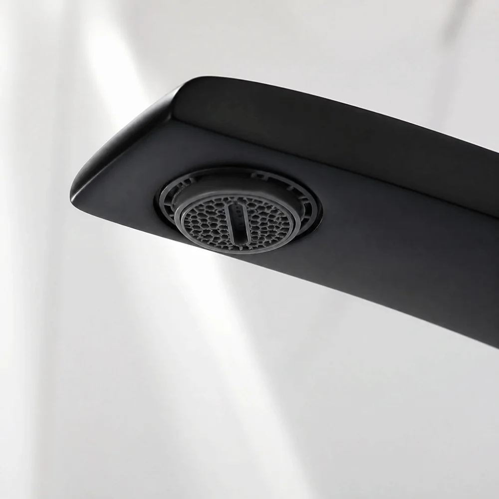 Matte Black Finish Bathroom Faucet Minimalist Design Moon Curved Spout Undermount Bathroom Faucet Water Mixing Function