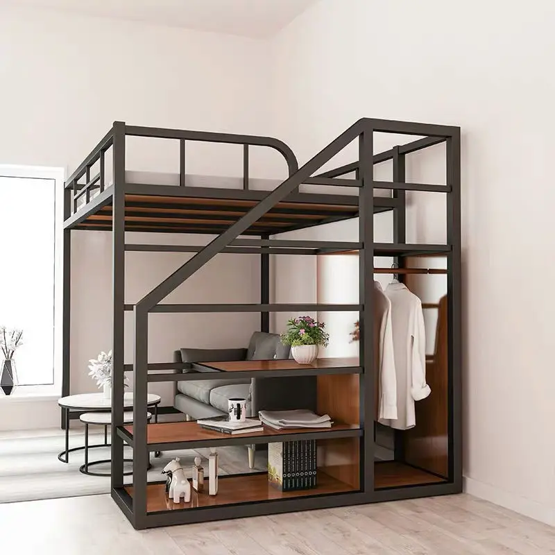 

Double-layer wrought iron elevated bed apartment loft duplex bunk iron bed small apartment space-saving bedroom wrought iron bed
