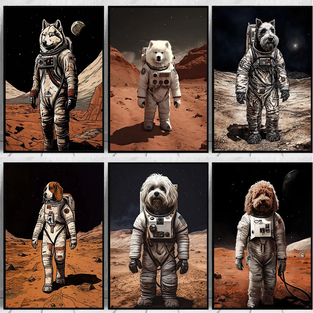 Canvas Painting Dogs Portraits Samoyed Astronaut Mars Poster and Print Picture For Living Room Modern Home Decor No Frame