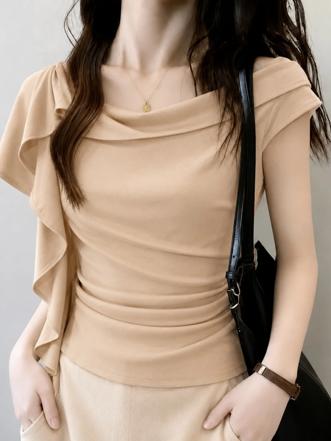 

Fashionable Ruffle Sleeve Short Sleeve T-Shirt Soft Slimming Elegant Summer Top Women's plus Size Casual Inner Wear