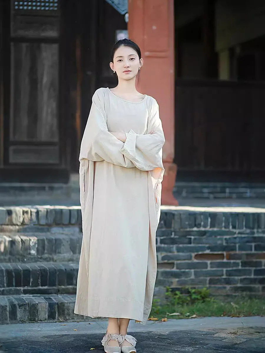 

TIYIHAILEY Cotton Linne Spring Autumn Women Dress Full Sleeve Long Mid-Calf Ladies Vintage White Pockets 2025 New Loose O Neck