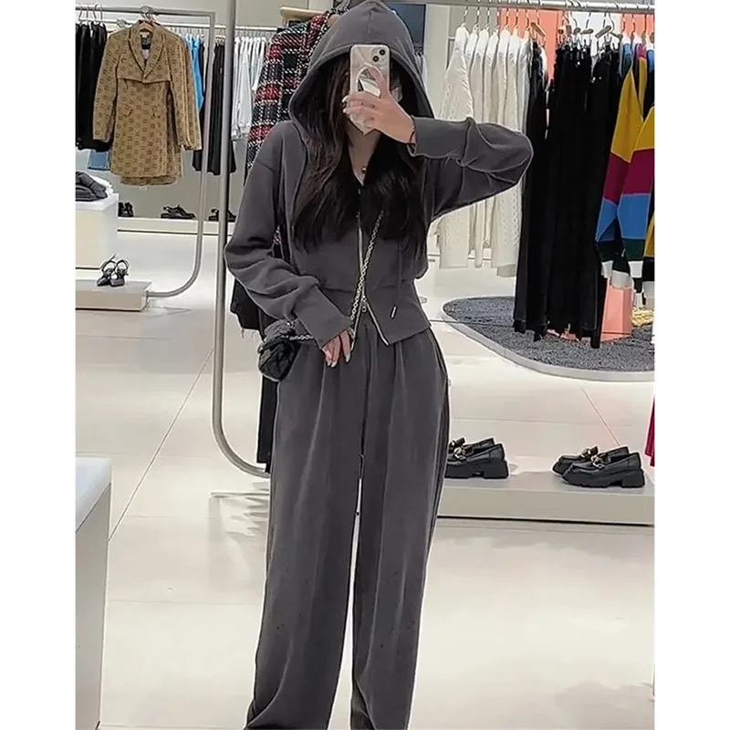 Autumn Women Zipper Two Piece Set Sport Suit Ladies Hooded Long Sleeves Sportswear Sets Korean Female Loose Fit Tracksuit Sets