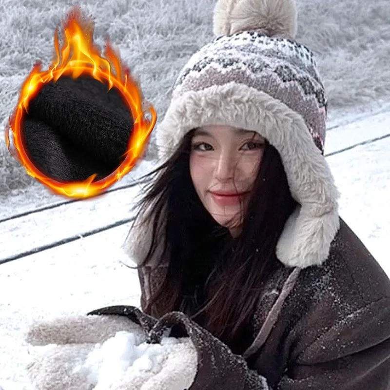 

New Winter Warm Hat Plush Retro Ear Protection Cap Cold Proof Fashion Knitted Hat for Women Outdoor Ski Bomber Hats Accessories