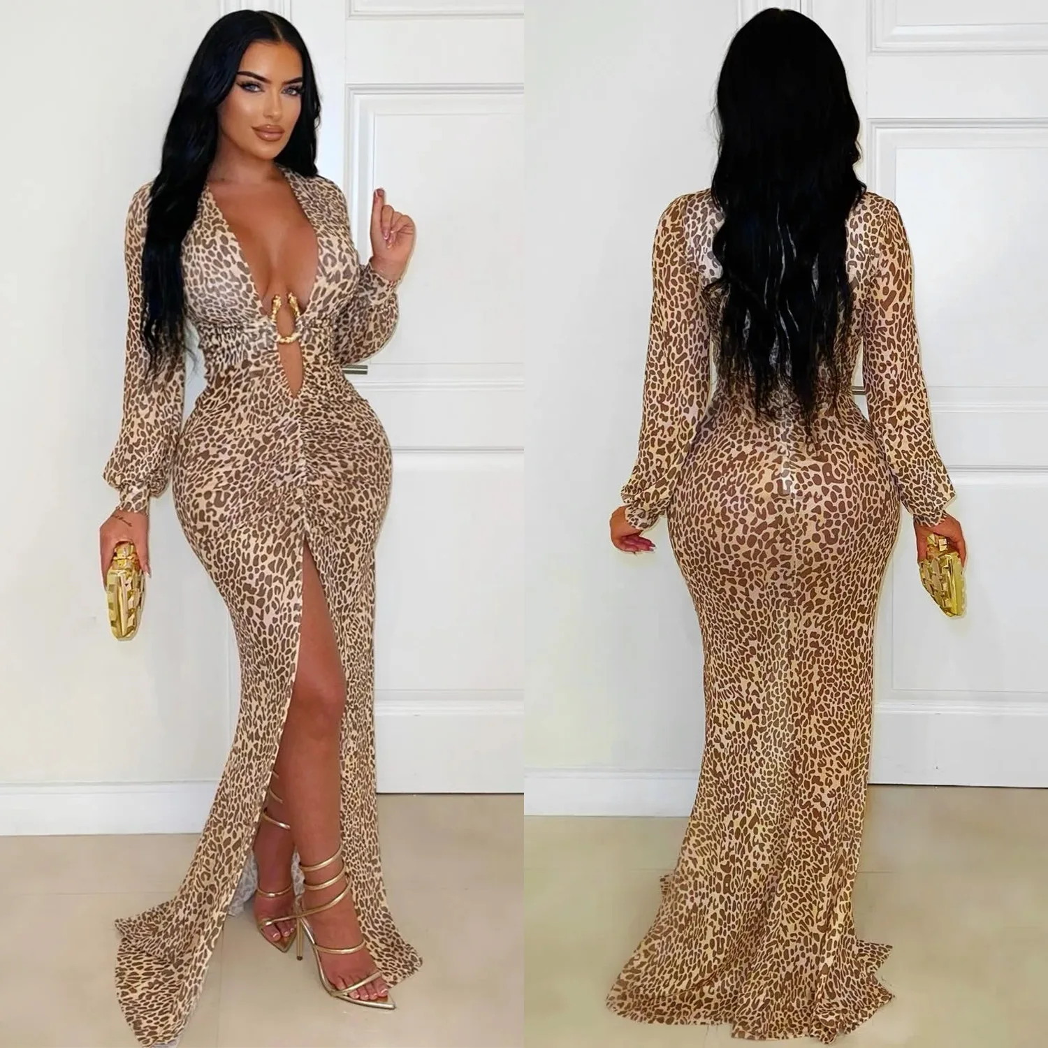 

Leopard Mesh Dress Evening Club Wear Dresses 2025 Women Fall Winter Clothes Luxury Outfits Sexy Bodycon Maxi Party V Neck Dress