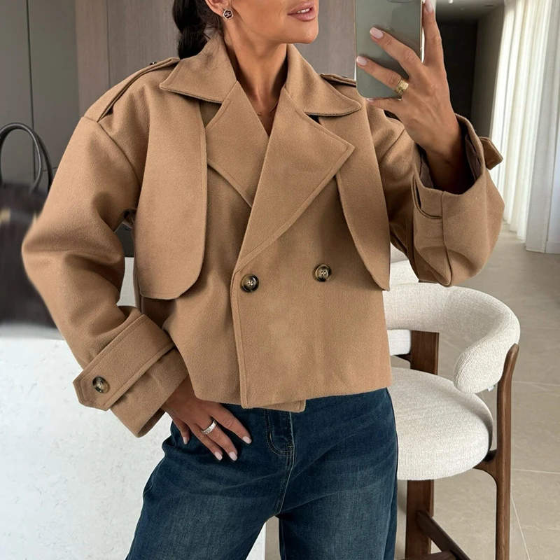 

Autumn Winter Women's Lapel Collar Solid Jacket New 2025 Long Sleeved Double Breasted Coat Simple Solid Commuting Short Outwear