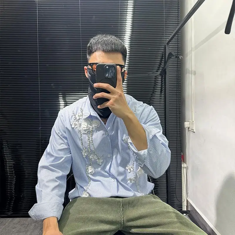 Pu Shuai Avant-Garde Handmade Flower-Ordering High-Grade Long-Sleeved Shirt Men's Korean-Style Fashion Design Blue Striped