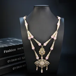 Neovisson Fashion Style Double Chain Necklace Round Stone Beaded Necklace Flower Pendant High Quality Gold Color Bride Jewelry