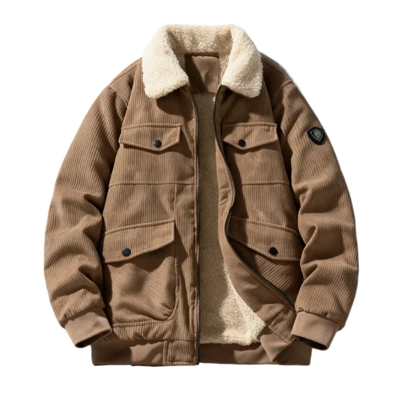 

2025 Winter Collar Corduroy Jacket for Men, Casual, Comfortable, Loose, High Quality, Simple, Versatile,and Plush Jacket for Men