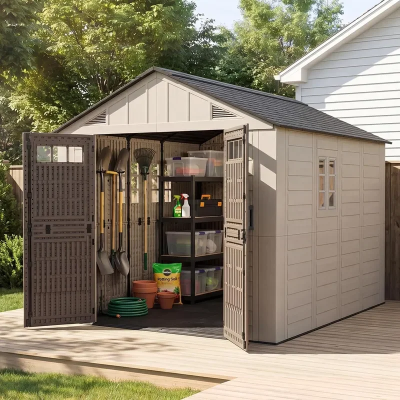 8x10 Ft Outdoor Storage Shed Large Resin Outdoor Shed with Floor Included 3 Windows Lockable Door Garden Plastic Storage