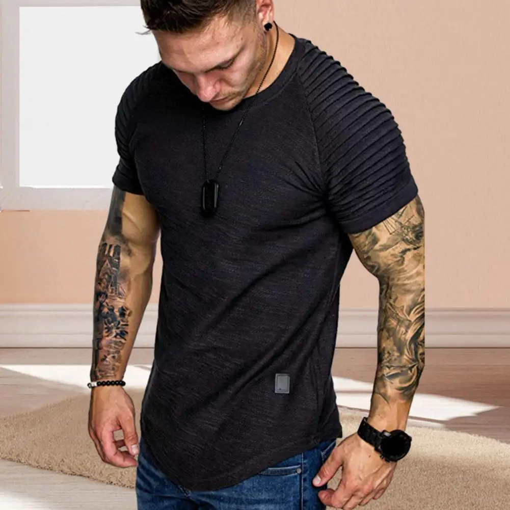 Men Cotton Blend T-shirt Men\'s Summer Pleated Wrinkled Raglan T-shirt Slim Fit Solid Color Pullover Tops for Streetwear Style