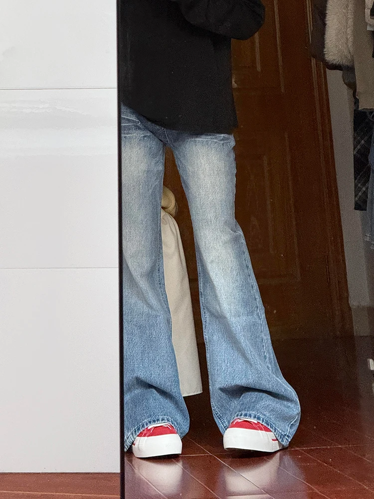 Amerikanische Retro-Blitzmuster-Jeans mit hoher Taille, geradem Bein, schlankmachend, bodenlang, weites Bein für Damen, Frühling Herbst Neuheit...