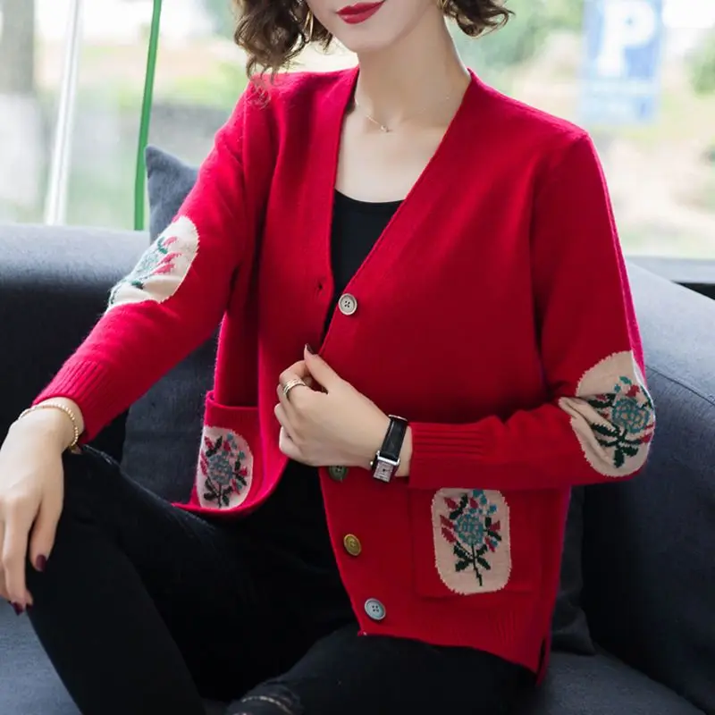 Women\'s Spring and Autumn Knitted Cardigan Button Pocket Printing Korean New 2023 Loose V-neck Elegant Long Sleeve Sweater Coat