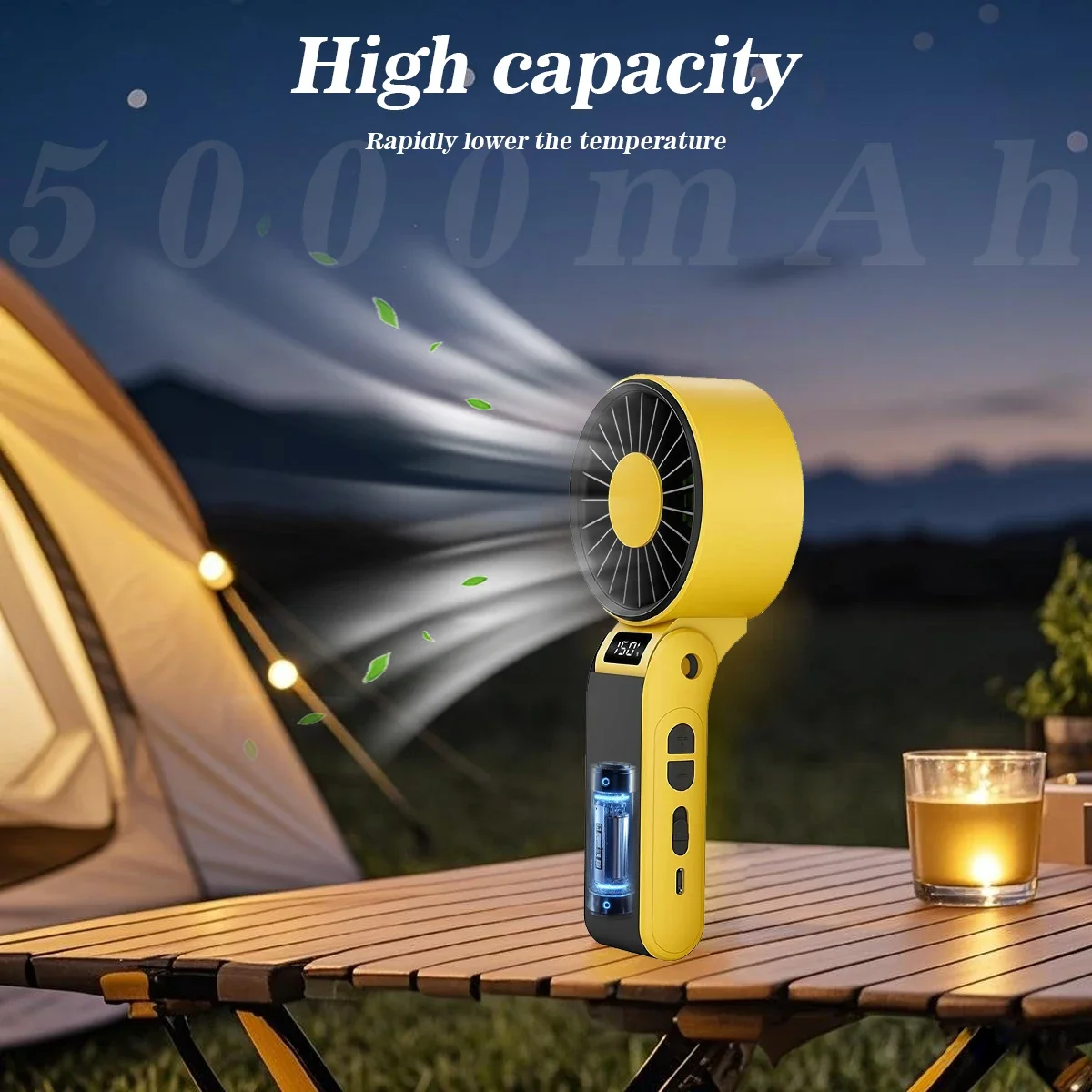 

Мини-ручной светодиодный цифровой вентилятор с высокой мощностью ветра, портативный шейный вентилятор, зарядка через USB, складной с дисплеем для летних путешествий, желтый