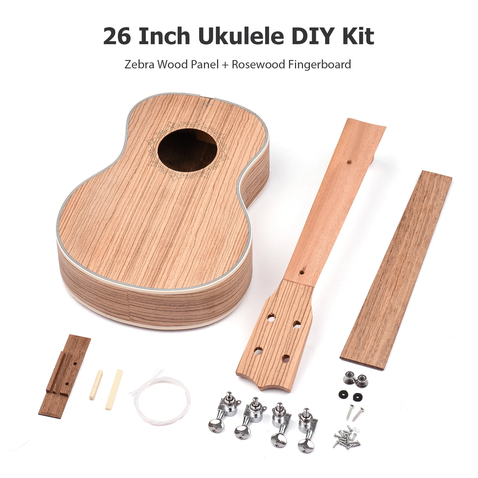 Kit de Ukelele Tenor de 26 Pulgadas para Armar, Guitarra Hawaiana de 4 Cuerdas, Panel de Madera de Zebra, Diapasón de Palisandro
