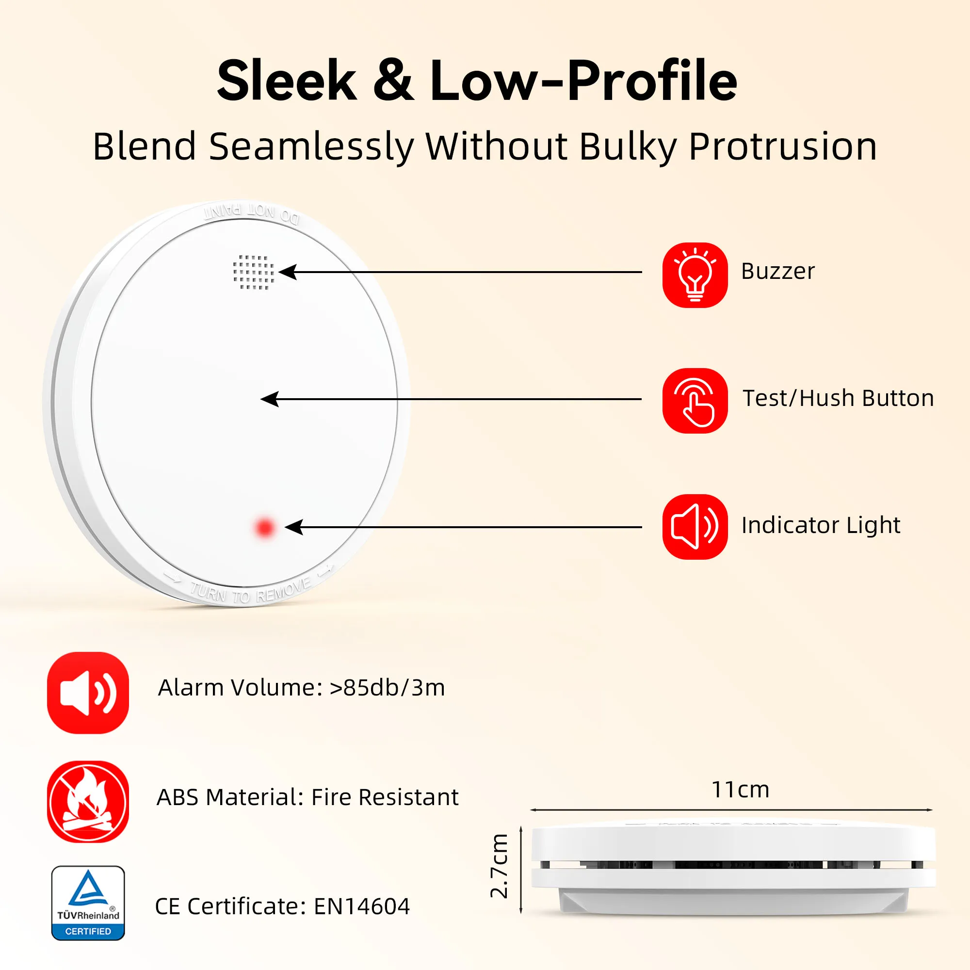 CHZHVAN 독립형 연기 감지기, EN 14604 표준 준수, 10년 배터리, 가정용 보안 시스템 화재 감지기