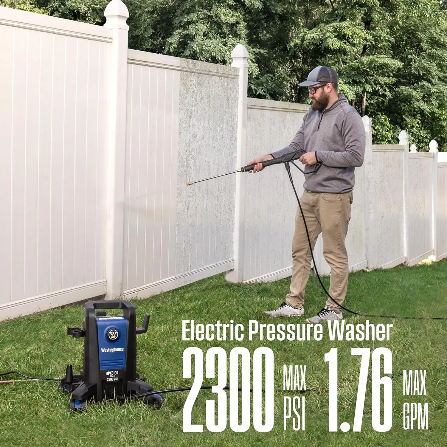ePX3100 Electric Pressure Washer, 2300 Max PSI 1.76 Max GPM with Anti-Tipping Technology, Onboard Soap Tank, Pro-Style Steel Wan