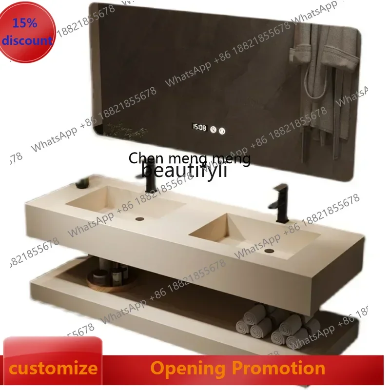 smt7486 new  Slate double-layer washbasin bathroom cabinet combination seamless ceramic basin cream wind bathroom cabinet ss 748