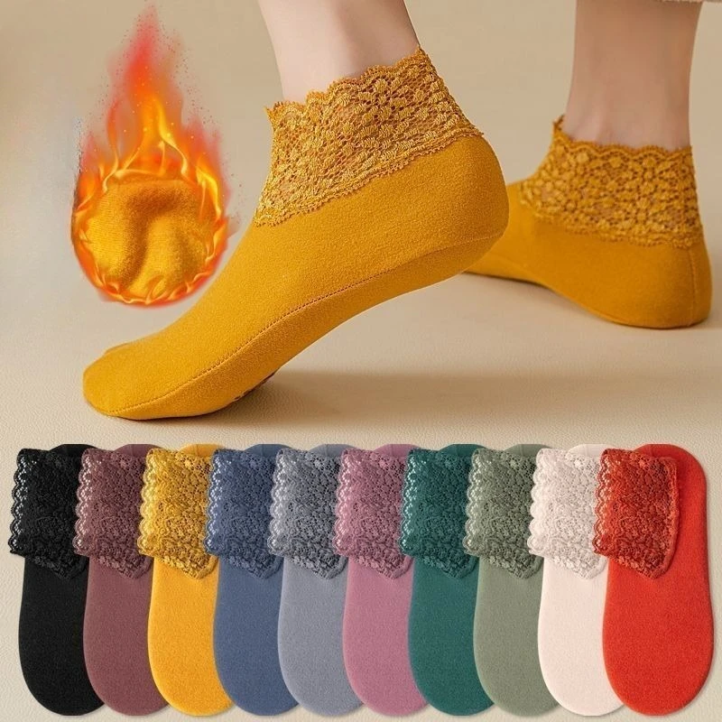 

1/8 Pair Velvet Thermostatic Warmth Lace Short Socks 2026 Autumn and Winter New Anti Slip and Wear Resistant Sleep Floor Socks
