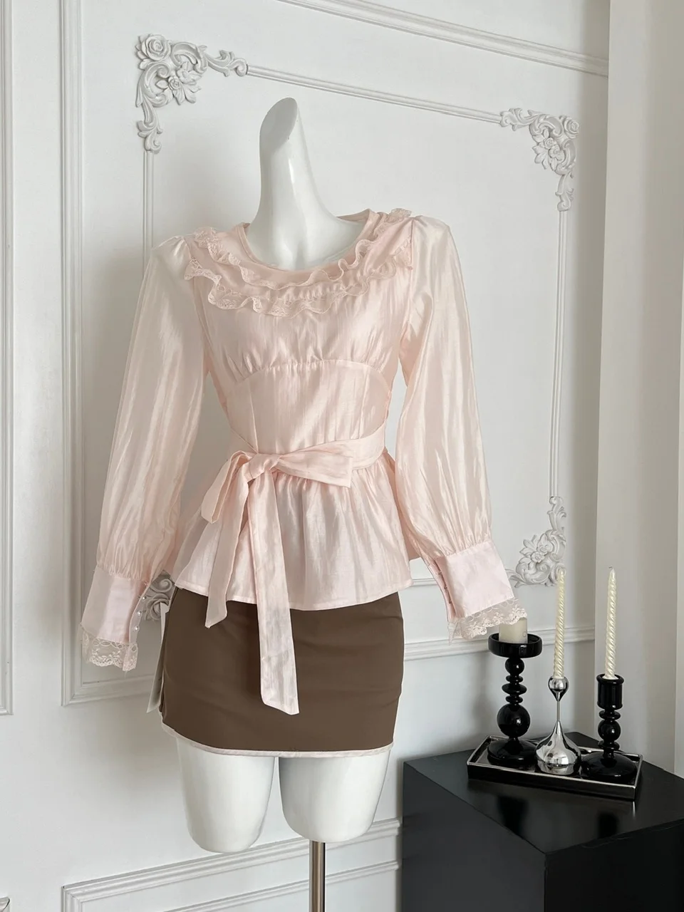 Sweet Sle Long Sve Silk irt Women Gentle Pink Tie Waist Color Blo Lace f Skirt Autumn Winter Two Piece Set