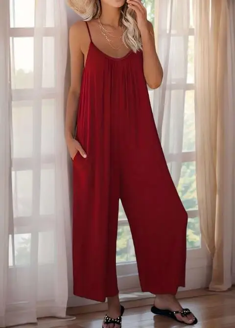 Summer New Solid Color Round Neck Sleeveless Camisole Jumpsuit Women's Casual Vacation Style Loose Wide Leg Jumpsuit