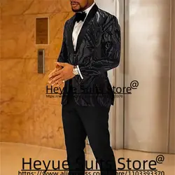 Shiny Black Sequin Luxuly Wedding Men Suits Slim Fit Shawl Lapel Groom Formal Prom Tuxedos 2 Pieces Sets Elegant Male Blazers