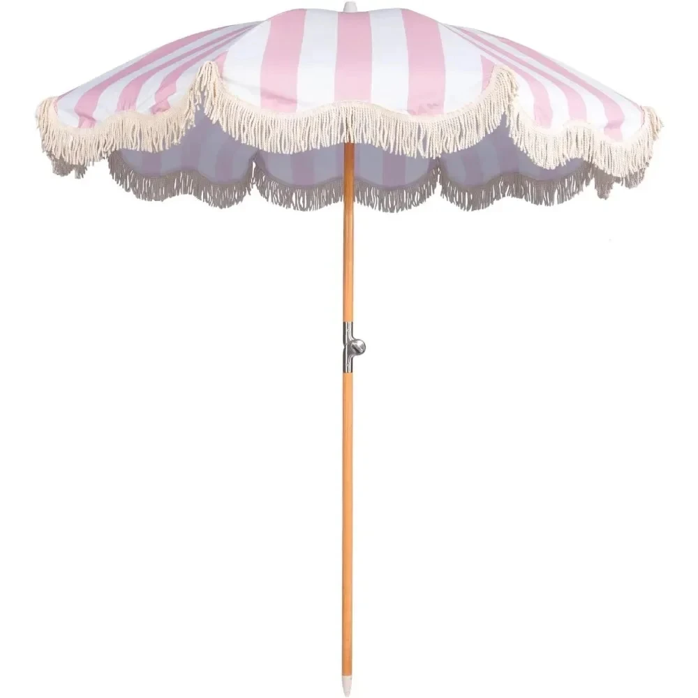 Beach Umbrella with Fringe, UPF 50+ Foldable Patio Boho Tassel Umbrellas with Carry Bag, Premium Wood Pole, 6.5ft Beach Umbrella