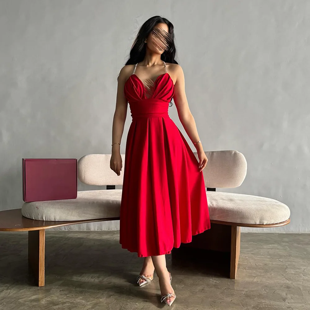 Temperament A-Line Tea Length Strapless Jersey Sleeveless Pleats Evening Dress Elegant Photo Color فساتين سهره نسائيه فخمة