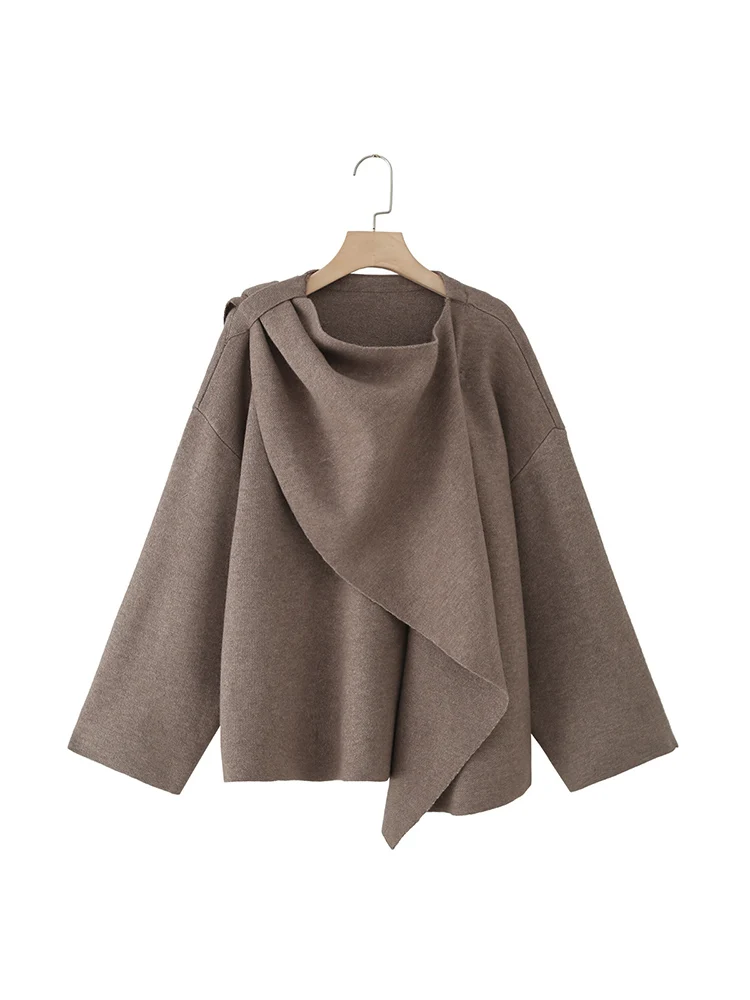 

Новое женское модное универсальное элегантное однотонное вязаное пальто с круглым вырезом и шарфом в европейском стиле.