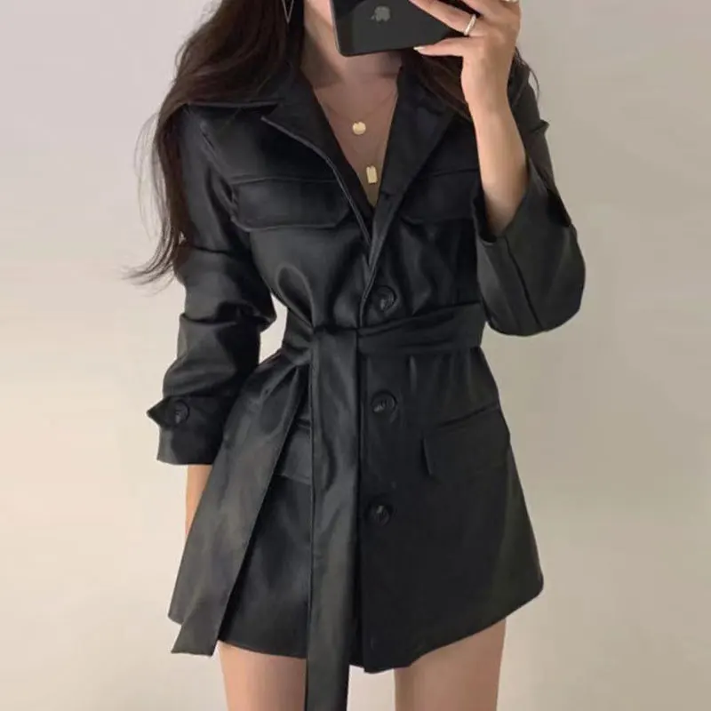 Sli Retro Deep Brown PU Leather Jaet Belted Mid-Length Biker Coat Women's Faionable Outerwear Commute Loose Fit Long ...