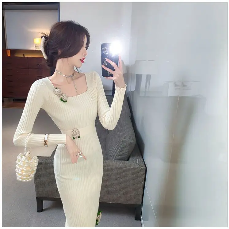 Outono inverno feminino pescoço quadrado vestido de malha camada base camisola vestido até o chão manga regular saias de comprimento total cq241