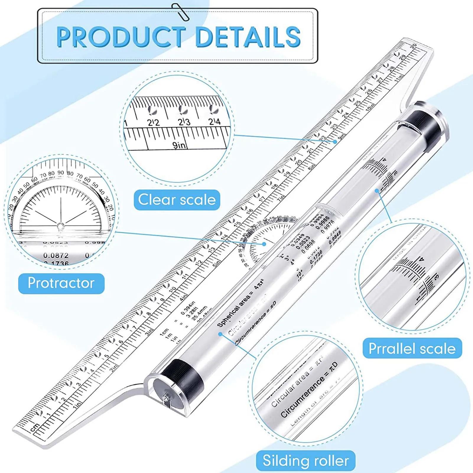 Measuring Rolling Ruler 30cm Multifunctional Parallel Ruler Measurement Tool Translation Angle Ruler Balancing Scale Measurement