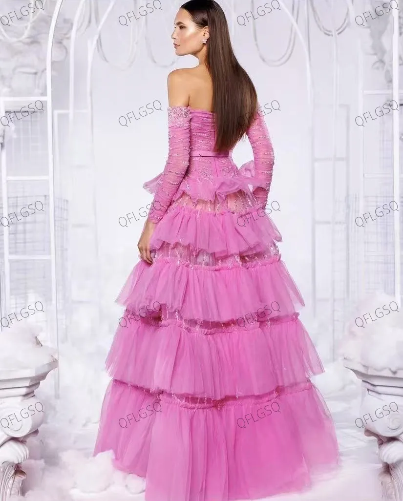 Brilhante rosa renda vestido de noite sem alças aparados vestidos de festa camada acima da camada tule até o chão vestidos de casamento de manga completa