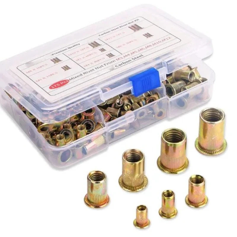 175pcs M3 M4 M5 M6 M8 M10 M12 Metric Rivet Nut Kit Carbon Steel Flat Head Threaded Insert Nut Nutsert Rivnuts Assorted